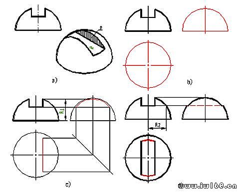 图4-9圆锥截交线举例 [例3]如图4-10所示,已知半圆头螺钉头部的主视图