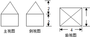 已知某几何体的三视图如图,画出它的直观图,求该几何体的表面积和体积