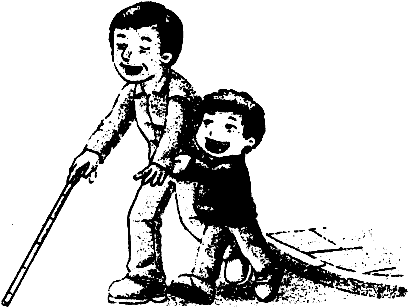 看图想一想,回答问题.盲(máng)人叔叔过马路,方青是怎么做的?
