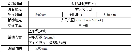 书面表达。 请根据表格中所提供的信息,用英语