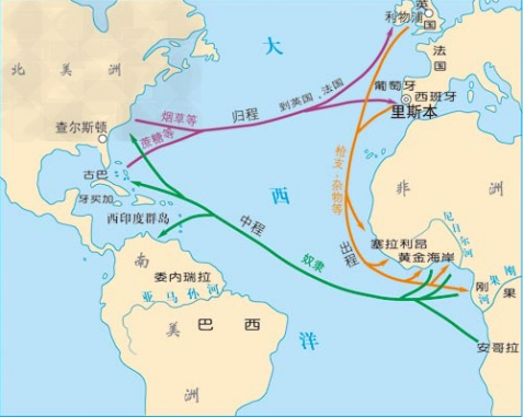 哥伦布的航海路线 b."三角贸易"路线 c.美国独立战争形势图 d.