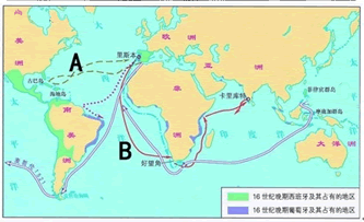 观察《新航路的开辟》地图，完成下列题目:(1)图中字母A、B代表的是两位航海家开辟的新航路。请在下面的横线上写 - 上学吧找答案