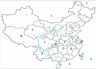 写出中国政区图中数字所代表的地理事物名称:①