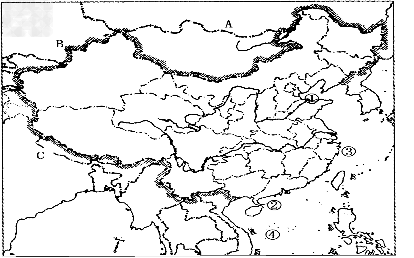 读“中国疆域图”,回答问题。临国:A_______B__ ___C_______ 边缘海: ③______④________ 内海、海峡: ① ②