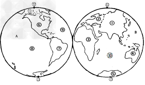 读东西半球图,按要求写出相应的地理事物名称:1,大洲