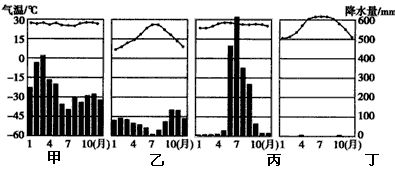 读四地气温-降水量柱状图,回答下列小题.