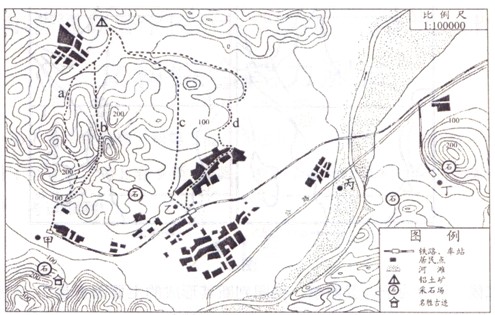 读冀北某地等高线地形图，回答1-2题。1、为把铝土矿石运到火车站，计划修一条公路，合理的选线是a、b、c、d中的[ ]A
