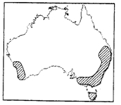 读澳大利亚乳畜业分布图(阴影部分),完成10~
