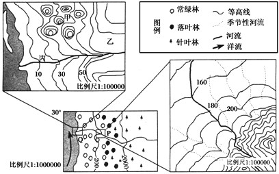 下图为某地区自然景观分布示意图以及p,q两区域的等高线图.