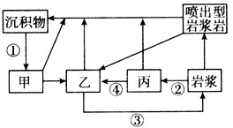 下图为地壳物质循环示意图，①②③④表示各类地质作用。据此下列叙述正确的是[ ]A、石英岩属于乙类岩石B、甲、丙类岩 - 上学吧找答案