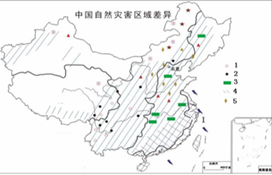 图为赣县中学地理研究性学习小组绘制的中国自然灾害区域差异图,图中