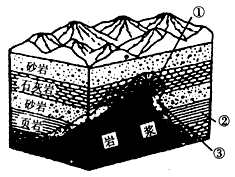 下图为"岩石受热形成变质岩示意图",图中①,②,③的变质岩分别为[ ]a.