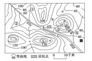 (13分)读广西某地区等高线地形图，完成下列问题。(1)判读地形部位名称:a ，b ，c;本区地形类型为，图中南侧山脉