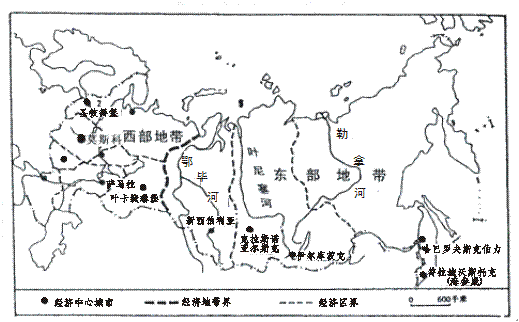 读"俄罗斯两大经济地带的划分示意图"和"俄罗斯两大经济地带的基本