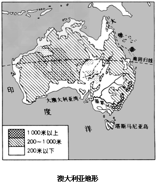读澳大利亚地形分布图,回答:(1)_ 线穿过中部;西