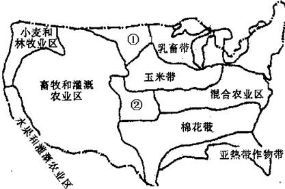 读美国农业带分布示意图,回答17--18题:小题1: