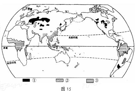 图15为 世界部分农业地域类型分布图,读图完