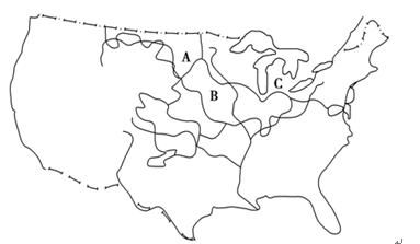 读“美国东部农业区的分布图”,完成下列各题。(6分+6分)(1)图示A、B、C是美国的专业化生产带,其中:A是 ,B是 - 上学吧找答案