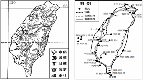 读台湾等高线、主要农作物分布及主要旅游景点分布图，完成问题。(10分)(1)简述台湾农作物分布特点，并分析原因(