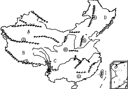 读中国地形图完成填空:(1)写出下列数字代表的山脉名称:.①______;②______;③______;④______⑤______;⑥______;(