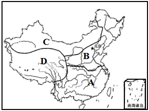 读中国四大地理区域分布图，完成下列问题。(1)读出地理区域的名称:C:_____________ ，D:_____________ 。 (2)A、 - 上学吧找答案