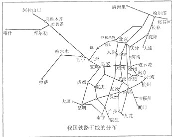 读图"我国铁路分布图",回答下列问题:(1)在图中适当位置填出下列铁路