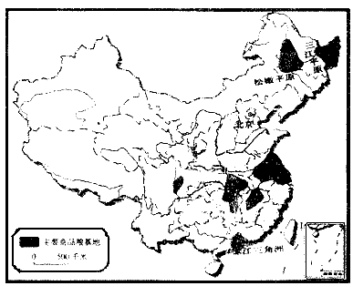 读下面的中国主要的商品粮基地图,完成下列要求:(1)将