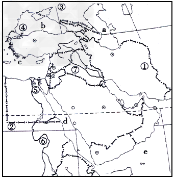 读中东地形图,回答下列问题:(1)大洲:①_;②_