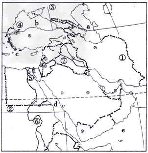 读中东地形图,回答下列问题:(1)大洲:①_②_③
