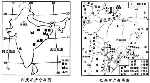 下图是印度和巴西矿产分布图,据图回答.