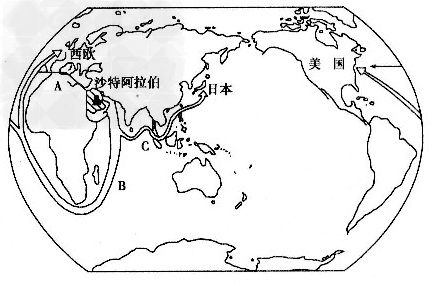 图是中东石油运输路线图,对外运航线的描述正