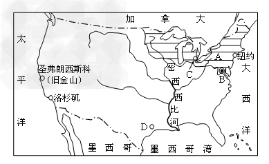 读“美国本土地图”完成问题:(1)填出图中字母代表的地理事物:A._________洋,B._________洋,C._________山系,
