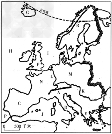 读欧洲西部地形图,写出图中字母代表的地理事