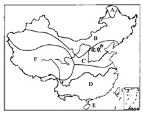 看我国温度带图,回答下列问题(1)填写字母所处的温度带 A、_________带,C、_________带 F、_________气候区。(2)