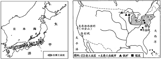 读日本、美国两国工业分布图，回答下列问题:(1)日本工业主要分布在_________ 沿岸和___________ 沿岸。 (2)与 - 上学吧找答案
