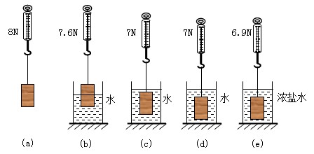 某同学按如图所示的步骤进行“探究影响浮力大小的因素”的实验,每次弹簧测力计的示数如图所示。