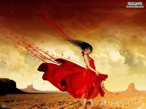 photoshop合成教程:夕阳下的红裙女子 - 百科教