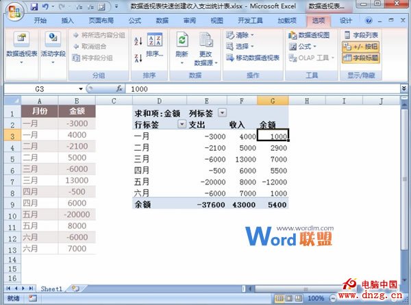 利用Excel2007数据透视表功能创建收入支出统