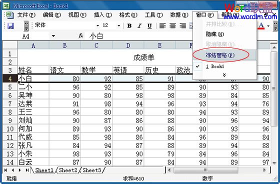 Excel 2003固定表头设置 - 百科教程网_经验分